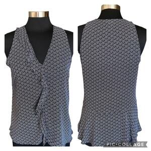 Banana Republic Sleeveless Black & White Geometric Print Top MED Ruffle Peplum